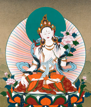 White Tara With Amitayus and Namgyalma Thangka | Long Life Deities | Tibetan Art