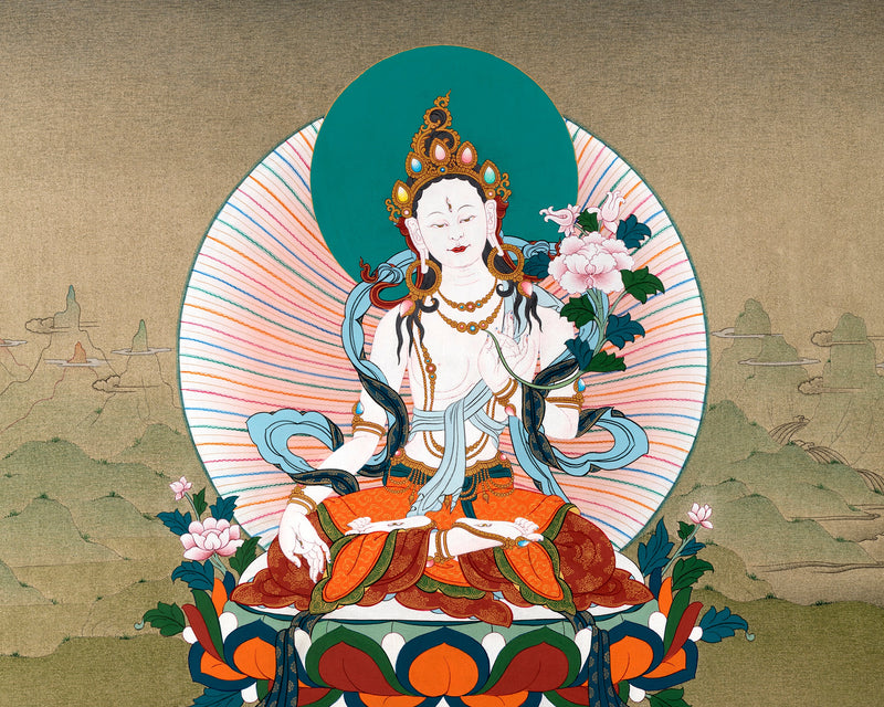 White Tara With Amitayus and Namgyalma Thangka | Long Life Deities | Tibetan Art