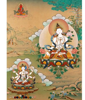 White Tara with Namgyalma, Amitayus Buddha | Treasure Bodhisattva | Tibetan Thangka
