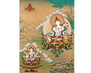 White Tara with Namgyalma, Amitayus Buddha | Treasure Bodhisattva | Tibetan Thangka