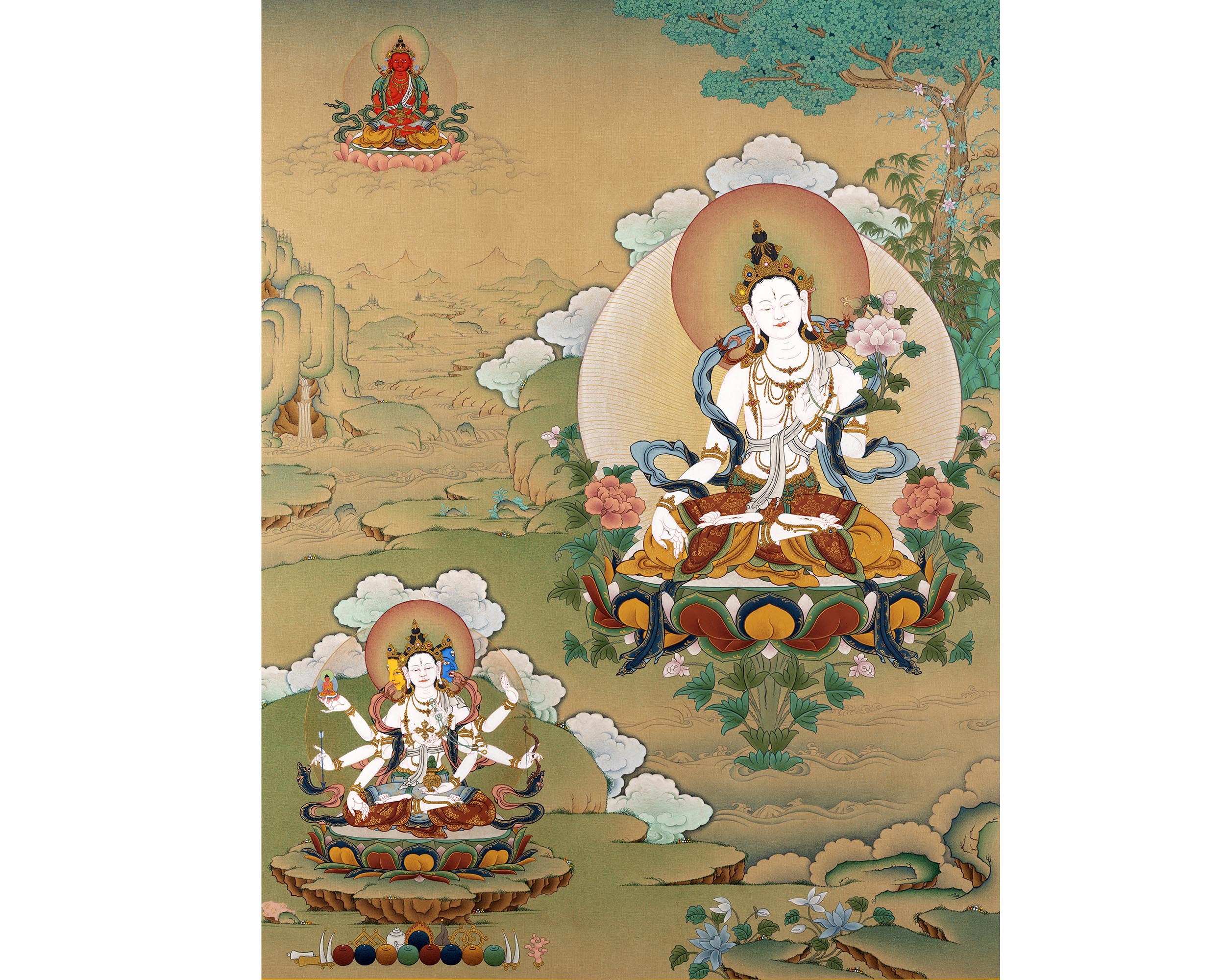 White Tara with Namgyalma, Amitayus Buddha | Treasure Bodhisattva | Tibetan Thangka