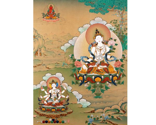 White Tara with Namgyalma, Amitayus Buddha | Treasure Bodhisattva | Tibetan Thangka