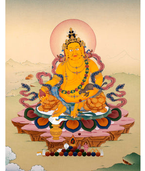 Jambala Thangka | Dzambala Wealth Deity | Tibetan Painting In Natural Stone Colors And 24K Gold