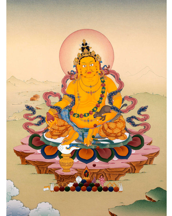 Jambala Thangka | Dzambala Wealth Deity | Tibetan Painting In Natural Stone Colors And 24K Gold