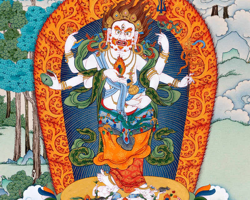 White Mahakala Thangka | Traditionally Hand painted Six-armed Mahakala