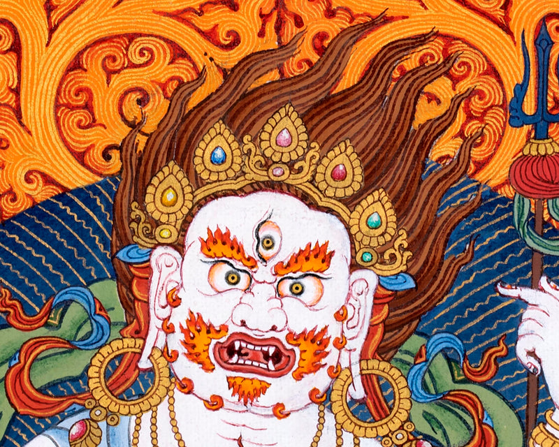 White Mahakala Thangka | Traditionally Hand painted Six-armed Mahakala