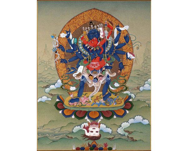 12 Armed Chakrasamvara, Tibetan Thangka in Natural Stone Colors