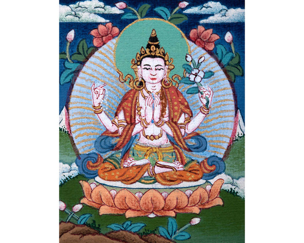 Avalokiteshvara Buddhism Mini Thangka | Traditional Buddhist Art