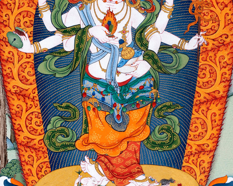 White Mahakala Thangka | Traditionally Hand painted Six-armed Mahakala