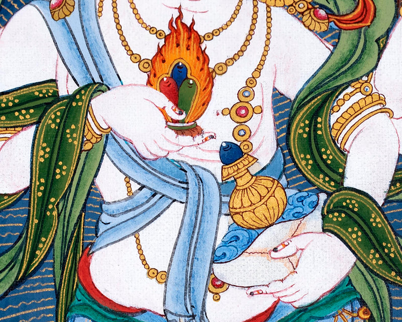 White Mahakala Thangka | Traditionally Hand painted Six-armed Mahakala