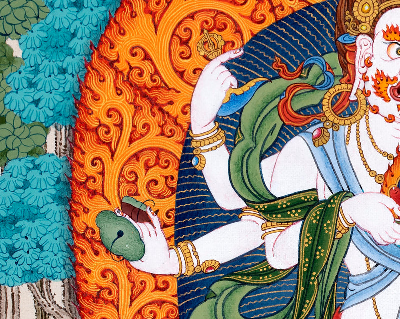 White Mahakala Thangka | Traditionally Hand painted Six-armed Mahakala