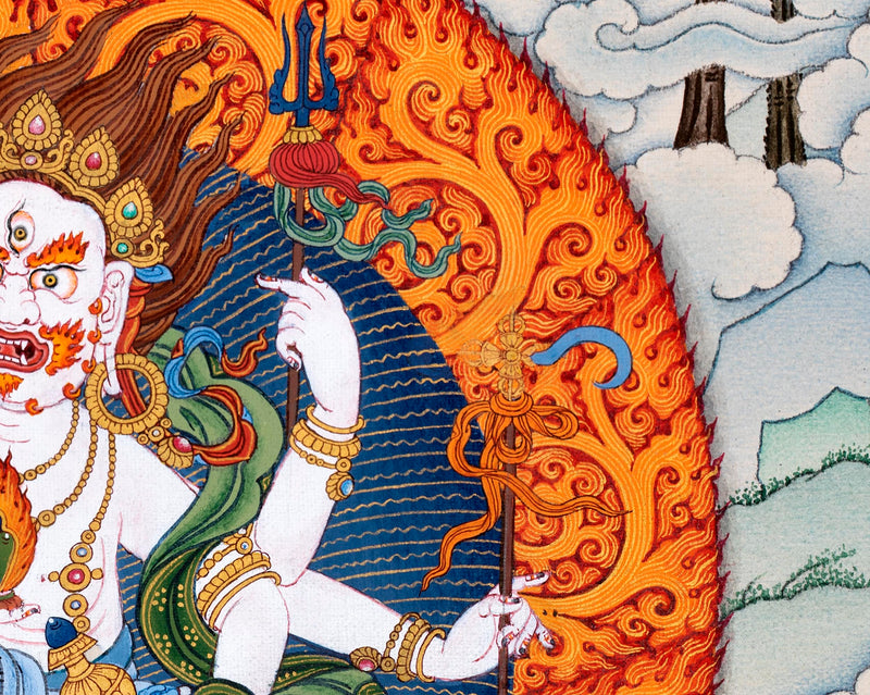 White Mahakala Thangka | Traditionally Hand painted Six-armed Mahakala