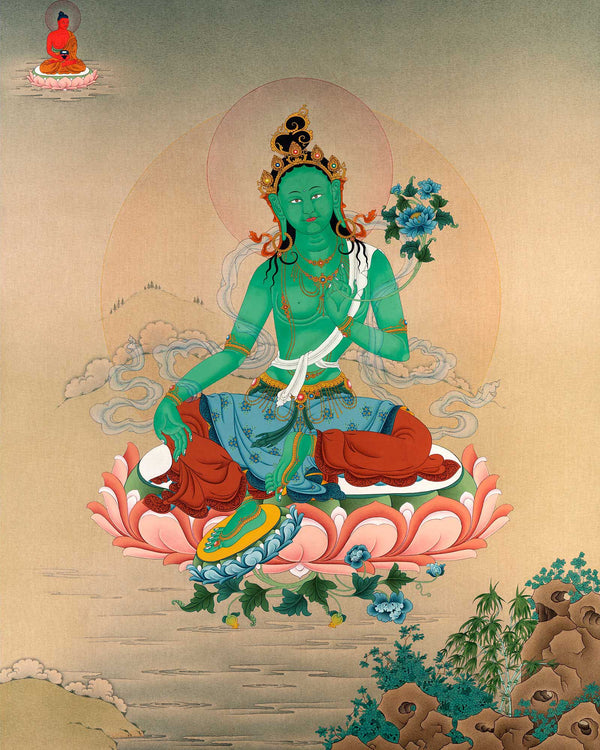 Large Green Tara Deity Painting | Handmade Tara Thangka