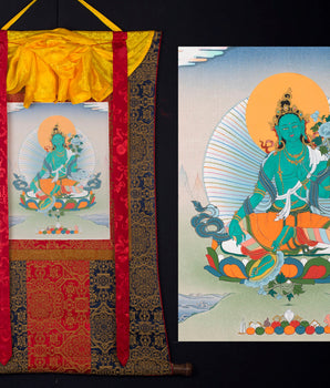 Green Tara Brocade Thangka | Female Bodhisattva | Awakened Buddha