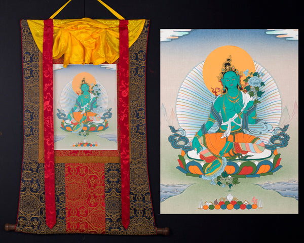 Green Tara Brocade Thangka | Female Bodhisattva | Awakened Buddha