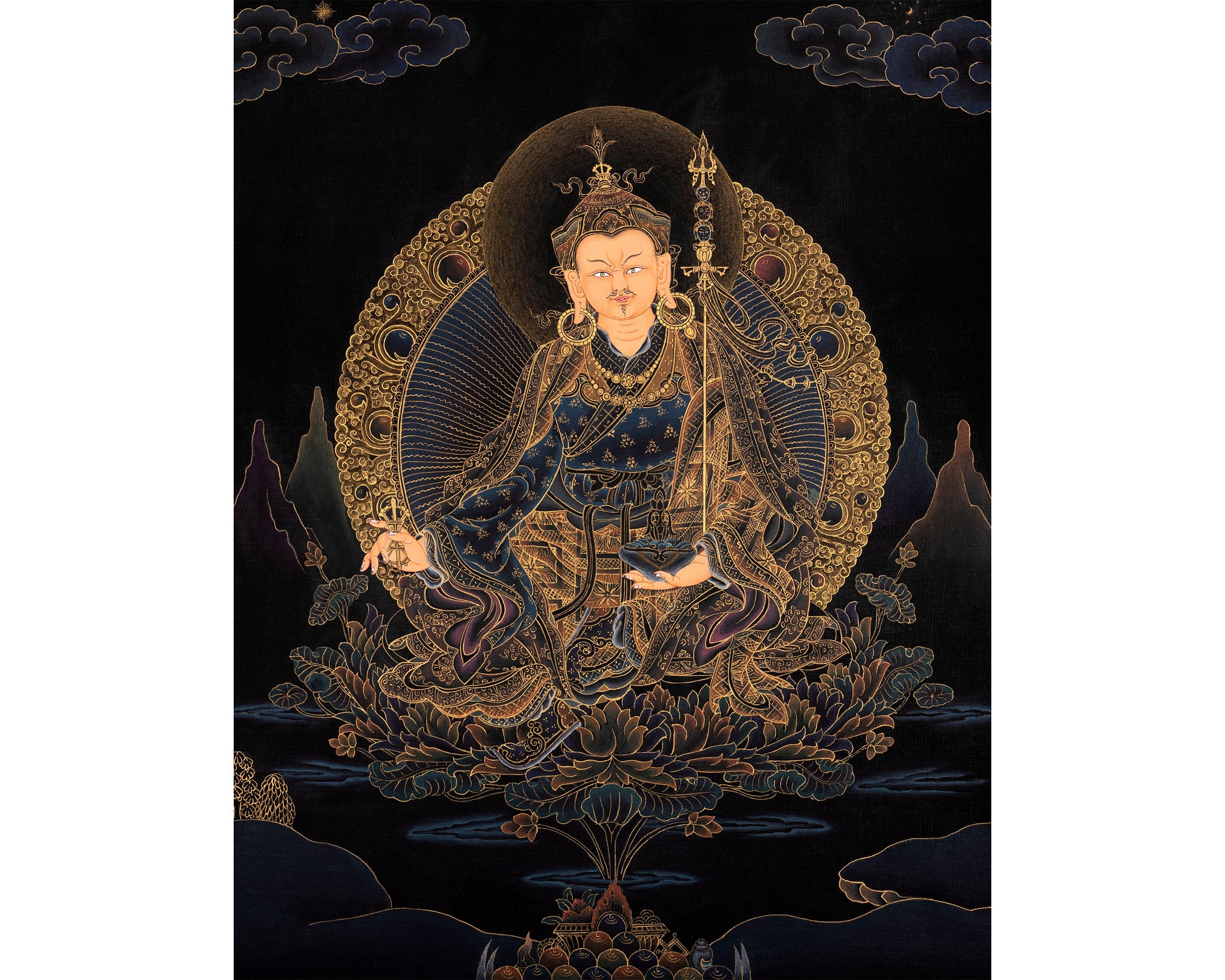 Guru Rinpoche in Pure 24K gold Thangka, Nakthang Style Tibetan Painting