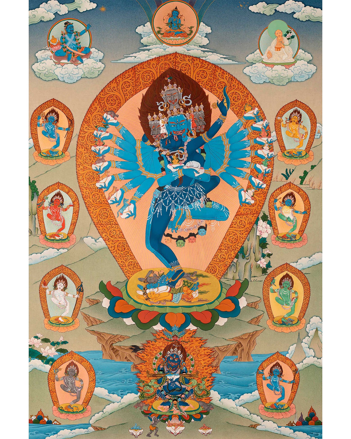 Hevajra with Vajra Nairatmya and the 8 Dakinis, Tibetan Thangka Painting