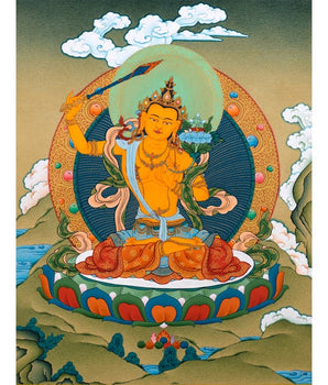 Manjushri Bodhisattva Thangka, Tibetan Vajrayana Buddhist Art, Hand Painted in 24K Gold