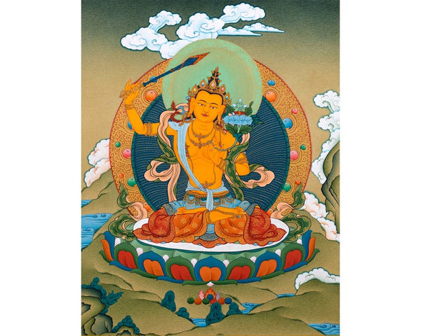 Manjushri Bodhisattva Thangka, Tibetan Vajrayana Buddhist Art, Hand Painted in 24K Gold