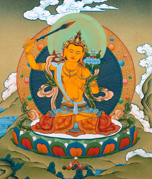 Manjushri Bodhisattva Thangka, Tibetan Vajrayana Buddhist Art, Hand Painted in 24K Gold