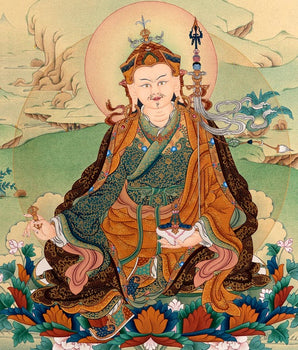 Guru Rinpoche, Padmasambhava Thangka Painting, Tibetan Buddhist Painting in Natural Stone Color & 24K Gold