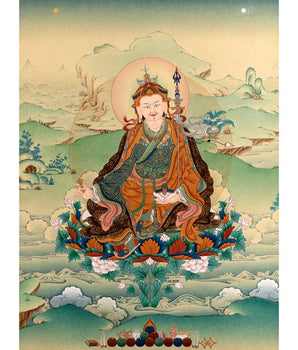 Guru Rinpoche, Padmasambhava Thangka Painting, Tibetan Buddhist Painting in Natural Stone Color & 24K Gold