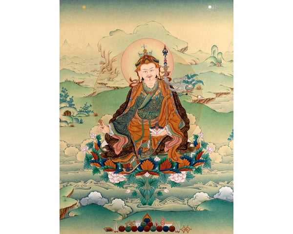 Guru Rinpoche, Padmasambhava Thangka Painting, Tibetan Buddhist Painting in Natural Stone Color & 24K Gold