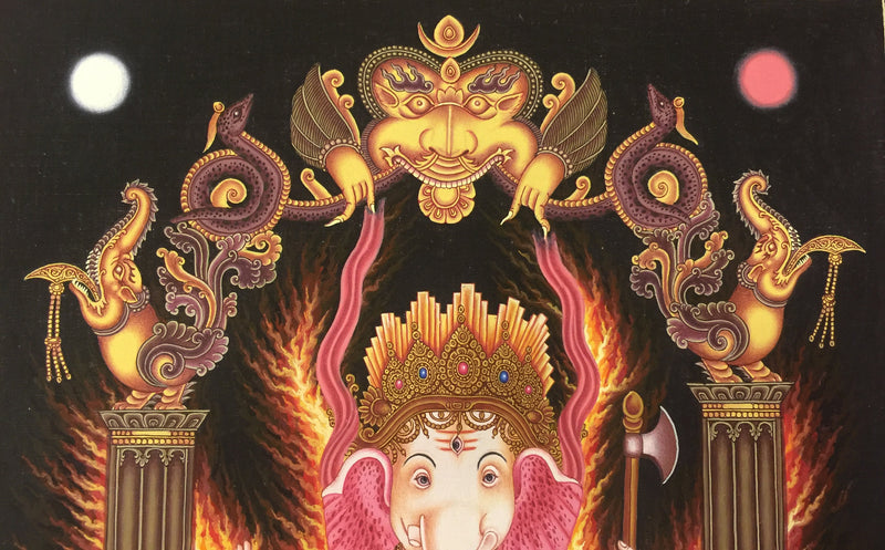 4 Armed Ganesh Thangka | Newari Style with Dragon Motifs | Ganpati Thangka Painting