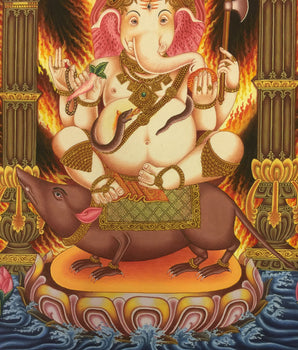 4 Armed Ganesh Thangka | Newari Style with Dragon Motifs | Ganpati Thangka Painting