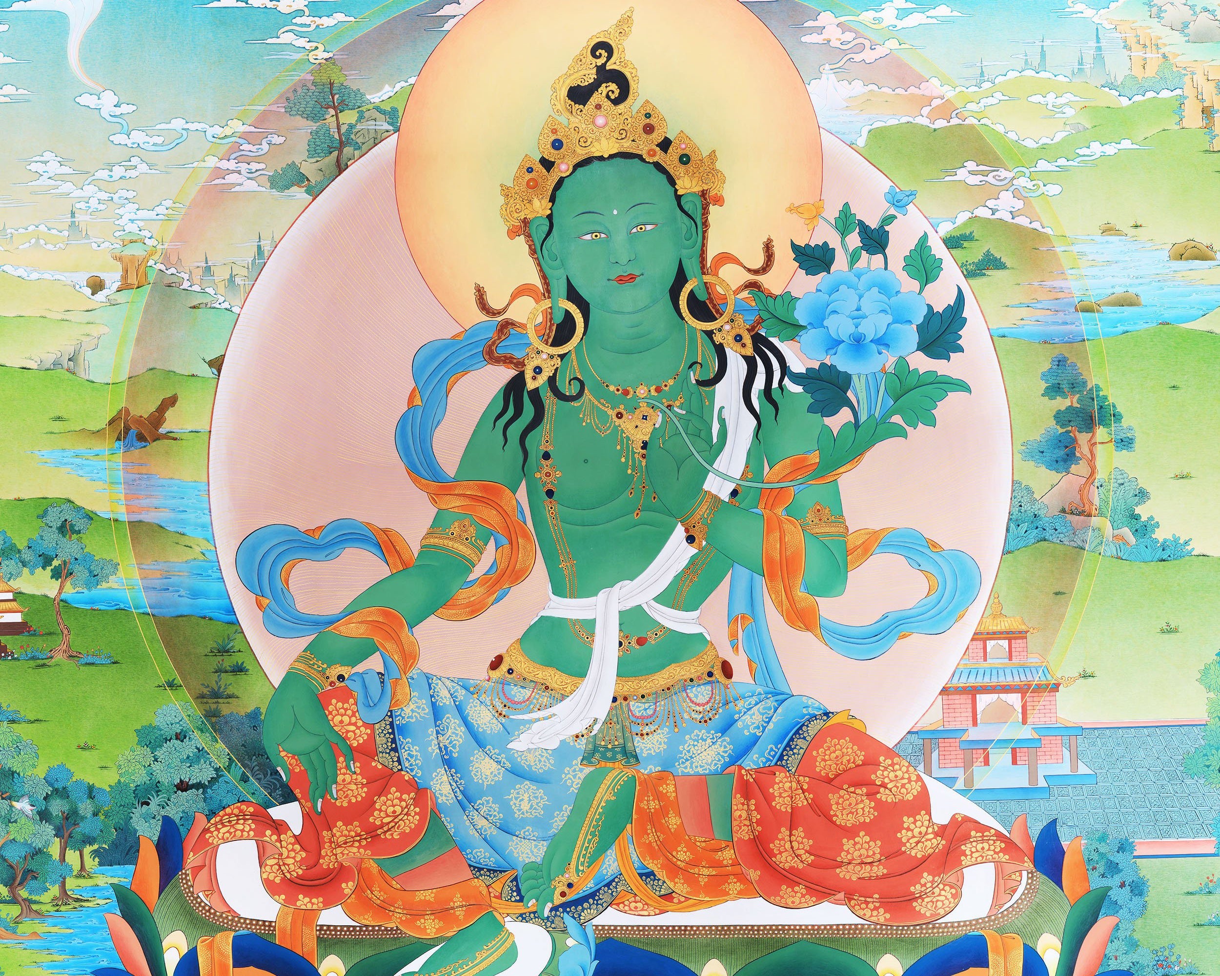 Green Tara Thangka Painting, Tibetan Tara Buddhist Art,  High Quality Giclee Canvas Print, Digital Print, Tara