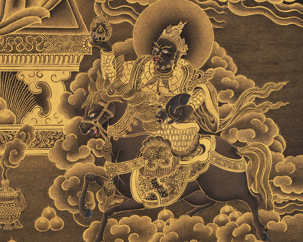 Yellow jambala Thangka, High Quality Giclee Canvas Print Digital Print, Black and Gold Thangka