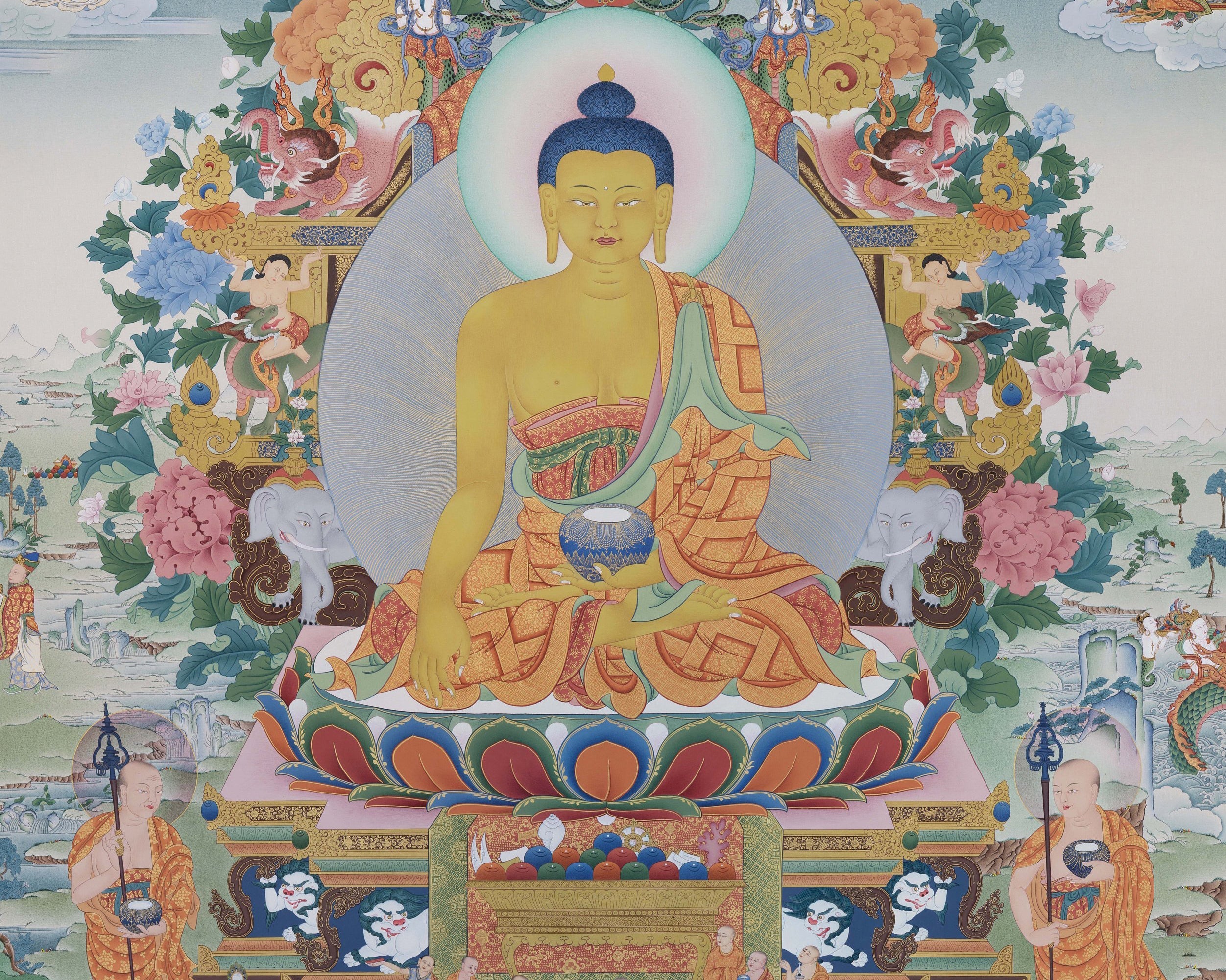 Buddha Shakyamuni with 16 Arhat Thangka, High Quality Giclee Canvas Print, Digital Print