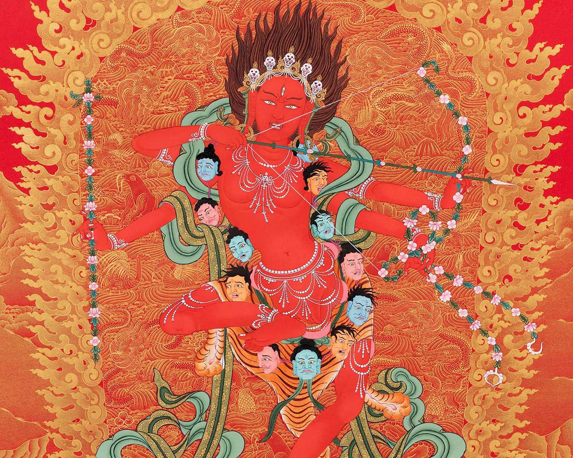 Rare Kurukulla Thangka With Ganesh and Takiraja, Dakini Thangka Painting, High Quality Giclee Canvas Print, Digital Print