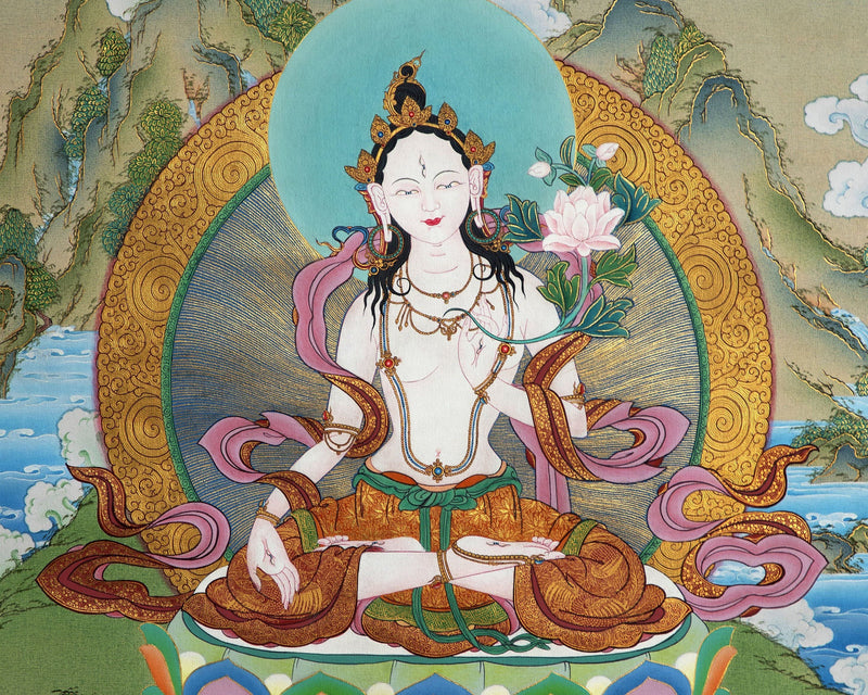 White Tara Thangka | Traditional Tibetan Painting In Menri Style | Long Life Mother Drolma