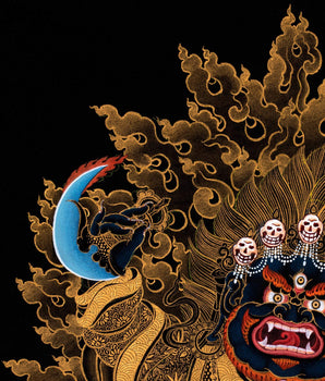 Mahakala Bernagchen Thangka, Traditional Black & Gold Tibetan Thangka Painting, includes Traditional Silk Brocade