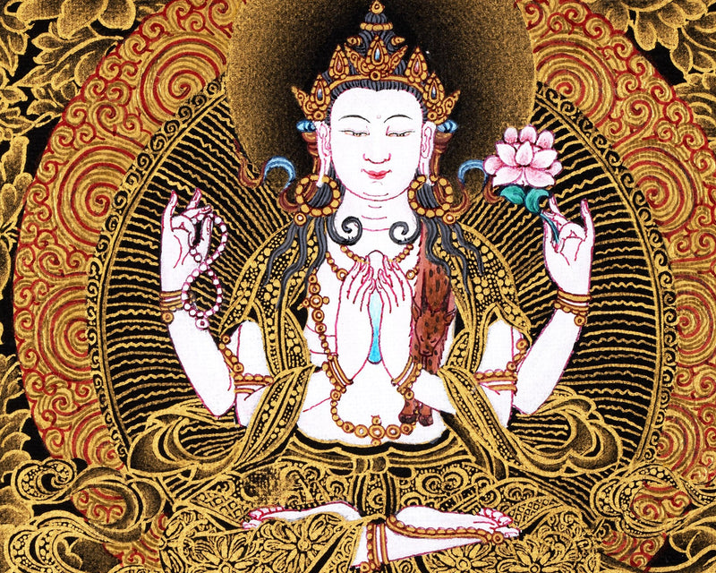 Avalokiteshvara Bodhisattva Thangka, Chenresig, Tibetan Himalayan Vajrayana Buddhist art, Bodhisattva