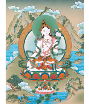 White Tara Thangka, Traditional Hand Painted Gold Tara Painting, Vajrayana Buddhist Art