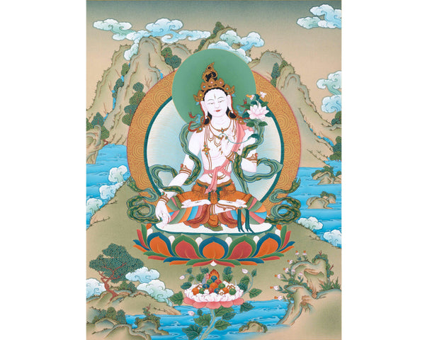 White Tara Thangka, Traditional Hand Painted Gold Tara Painting, Vajrayana Buddhist Art