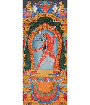 Vajrayogini Thangka Painting in Stone Color and 24K Gold, Rare Ancient 13 cent. Style