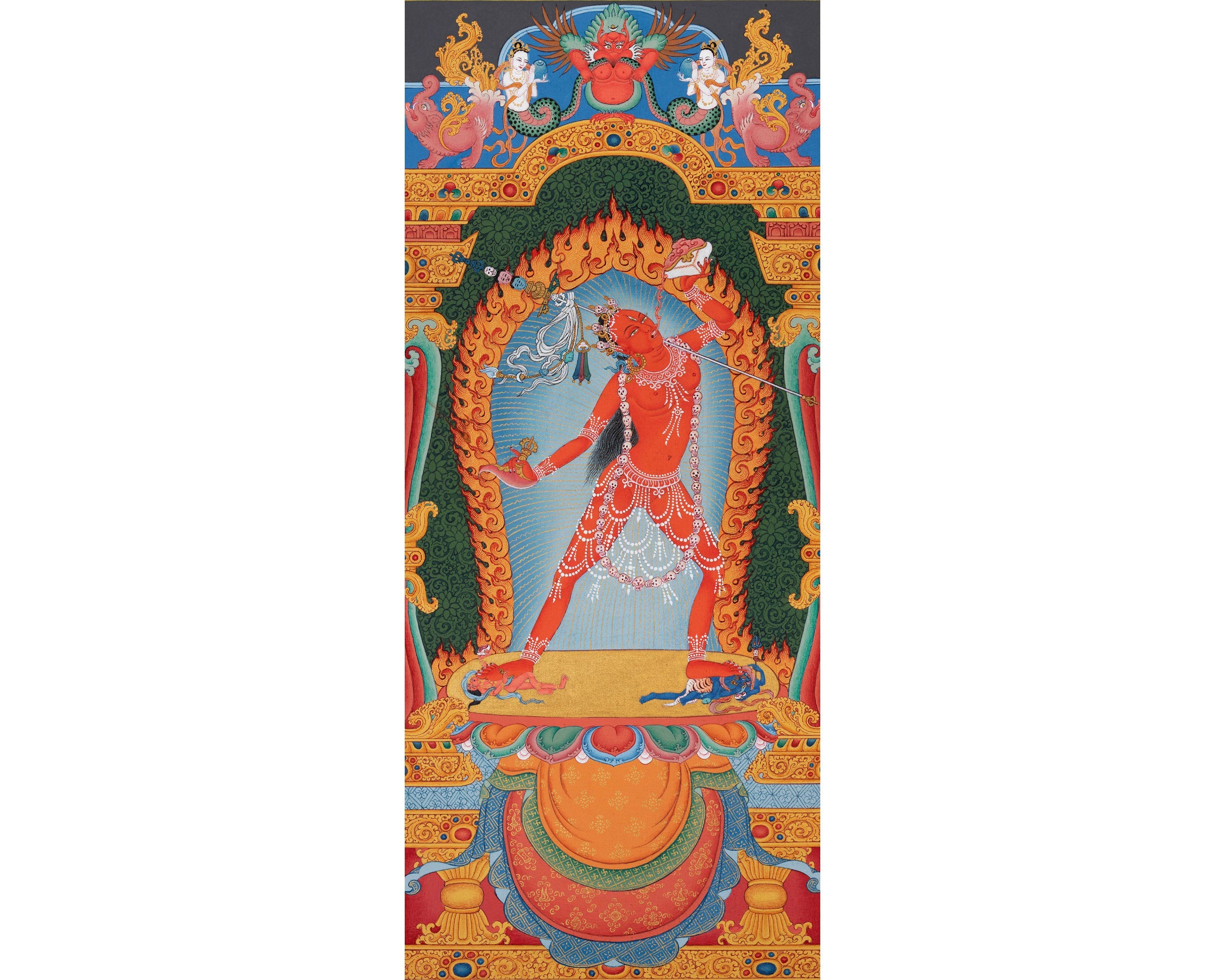 Vajrayogini Thangka Painting in Stone Color and 24K Gold, Rare Ancient 13 cent. Style