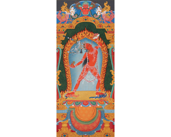 Vajrayogini Thangka Painting in Stone Color and 24K Gold, Rare Ancient 13 cent. Style