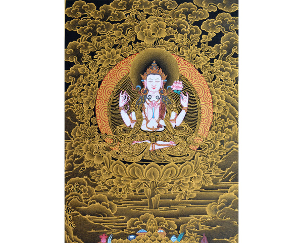 Avalokiteshvara Bodhisattva Thangka, Chenresig, Tibetan Himalayan Vajrayana Buddhist art, Bodhisattva