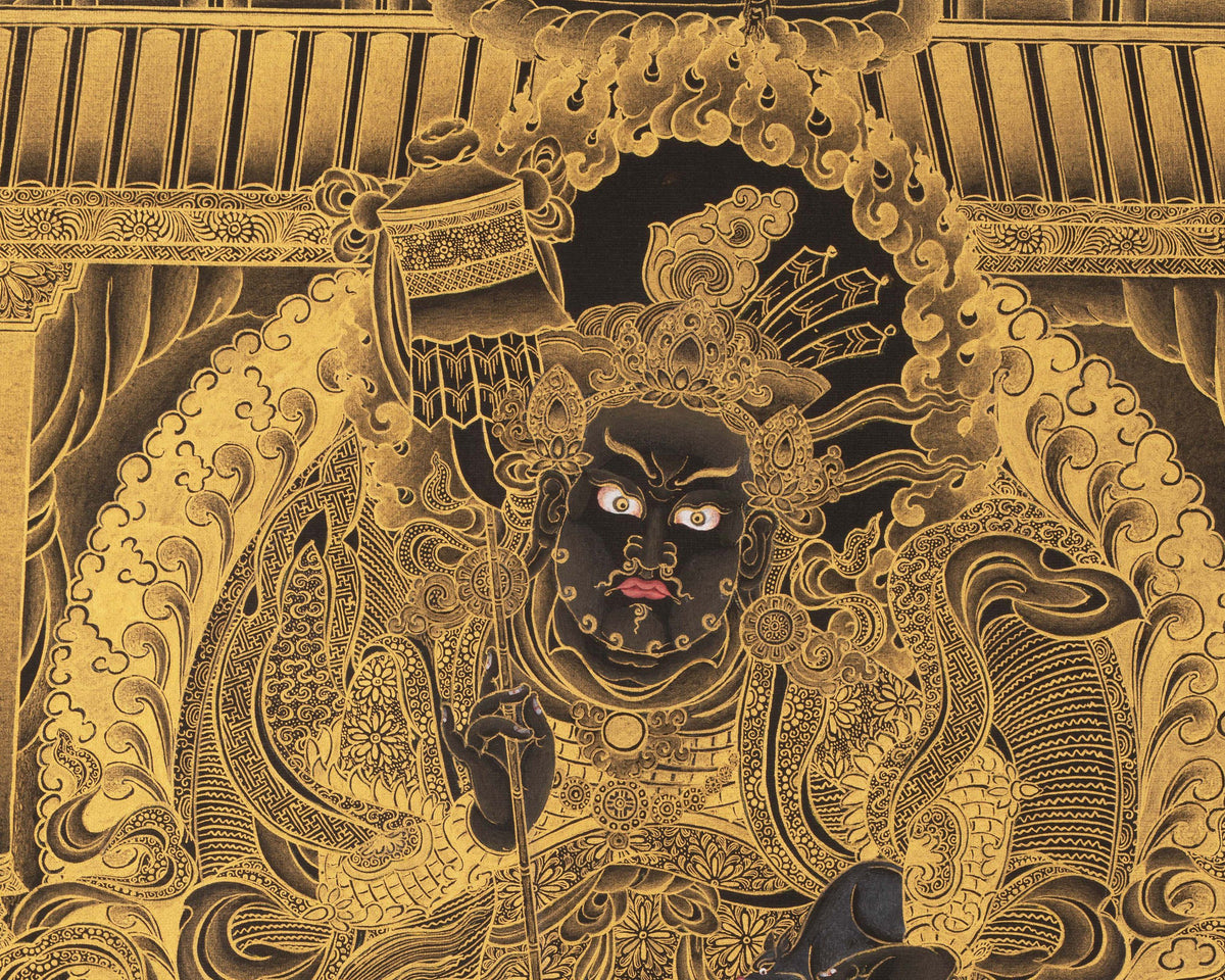 Yellow jambala Thangka, High Quality Giclee Canvas Print Digital Print, Black and Gold Thangka