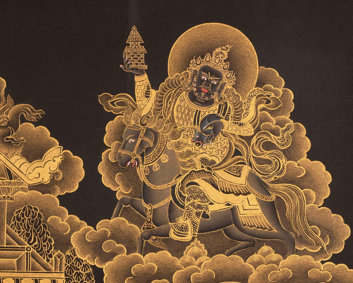 Yellow jambala Thangka, High Quality Giclee Canvas Print Digital Print, Black and Gold Thangka
