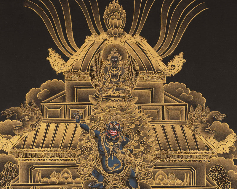 Yellow jambala Thangka, High Quality Giclee Canvas Print Digital Print, Black and Gold Thangka