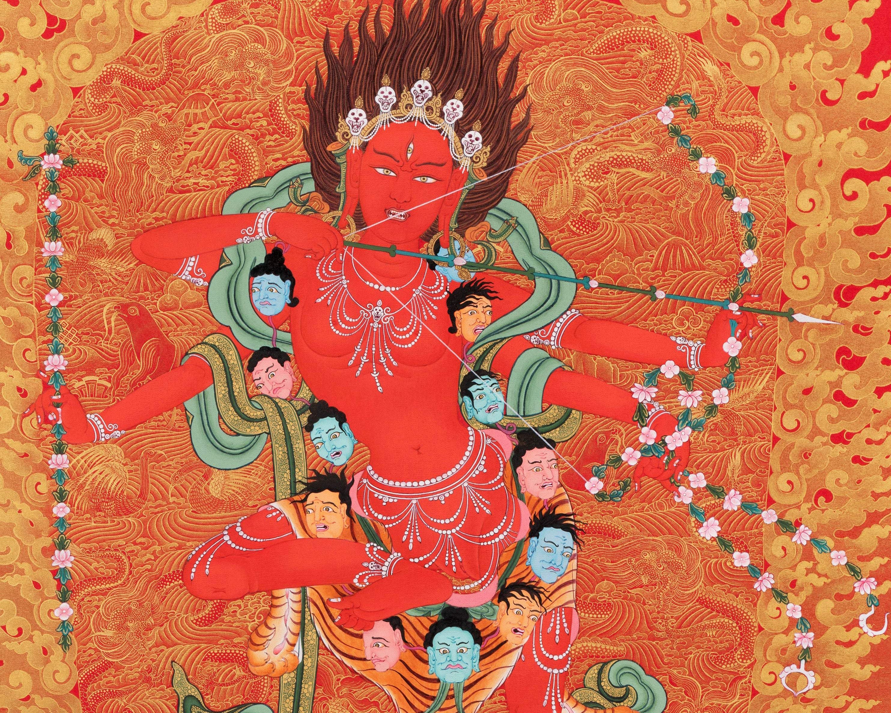 Rare Kurukulla Thangka With Ganesh and Takiraja, Dakini Thangka Painting, High Quality Giclee Canvas Print, Digital Print