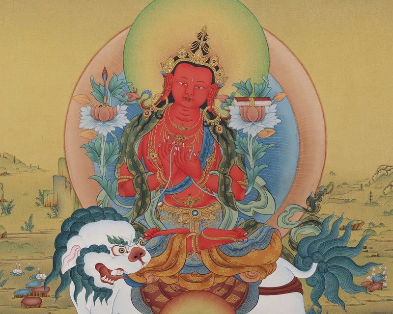 Red Manjushri Thangka | High Quality Giclee Canvas Print | Bodhisattva Manjushree