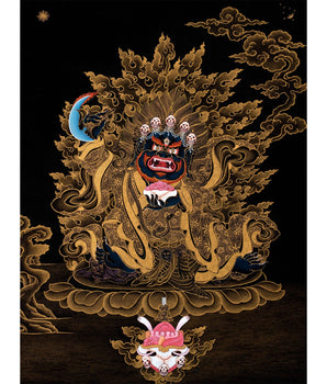 Mahakala Bernagchen Thangka, Traditional Black & Gold Tibetan Thangka Painting, includes Traditional Silk Brocade