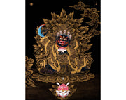 Mahakala Bernagchen Thangka, Traditional Black & Gold Tibetan Thangka Painting, includes Traditional Silk Brocade