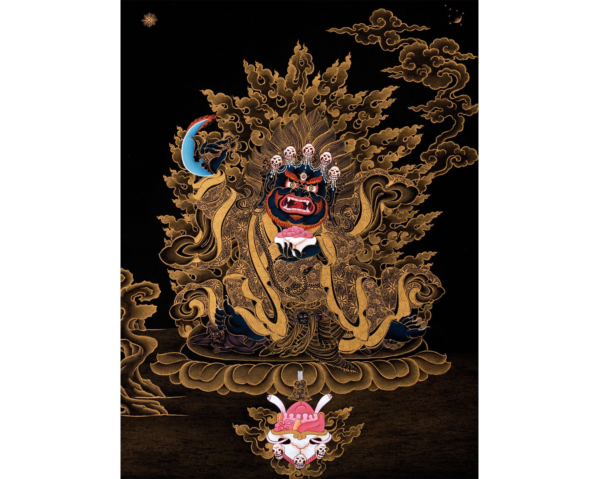 Mahakala Bernagchen Thangka, Traditional Black & Gold Tibetan Thangka Painting, includes Traditional Silk Brocade